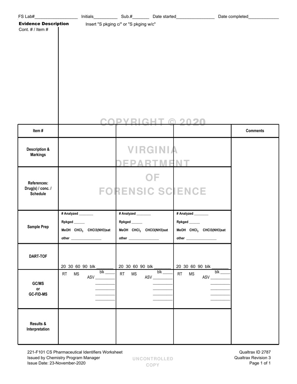 DFS Form 221-F101 Cs Pharmaceutical Identifiers Worksheet - Virginia, Page 1