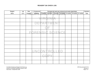Document preview: DFS Form 221-F110 Controlled Substances Reagent Qa Check Log - Virginia