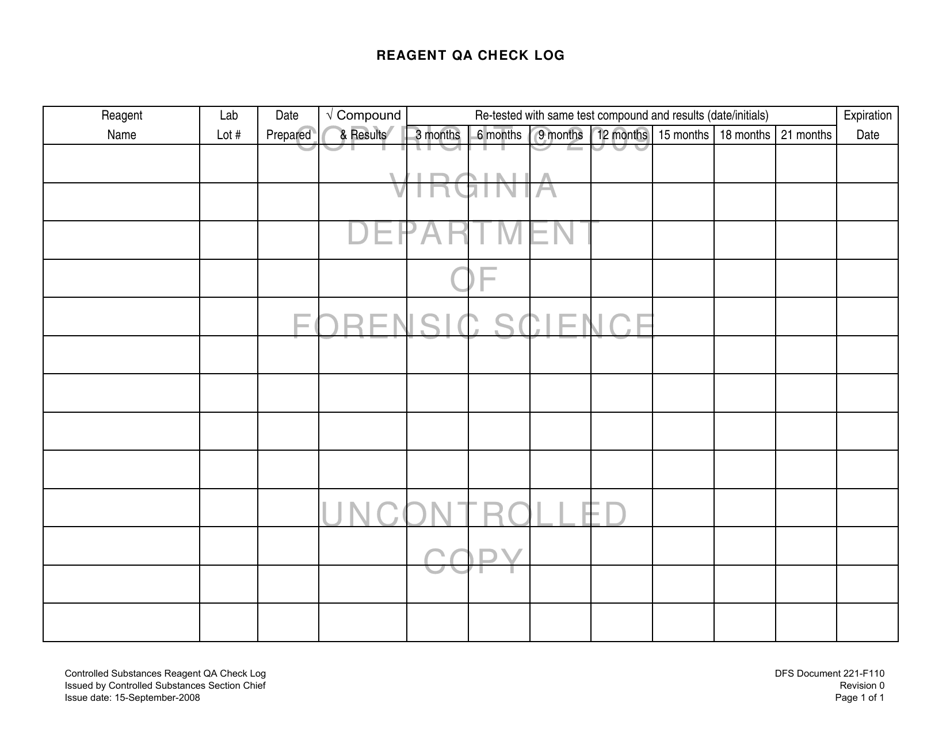 DFS Form 221-F110 Controlled Substances Reagent Qa Check Log - Virginia, Page 1