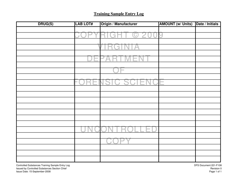 DFS Form 221-F108 Controlled Substances Training Sample Entry Log - Virginia