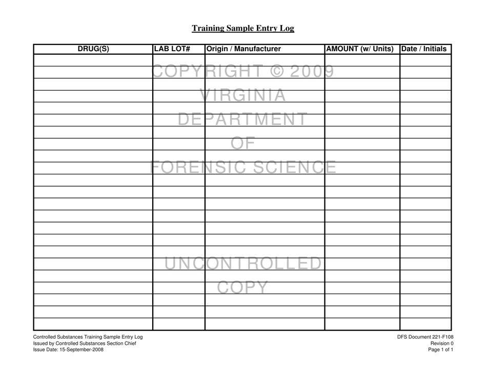 DFS Form 221-F108 Controlled Substances Training Sample Entry Log - Virginia, Page 1