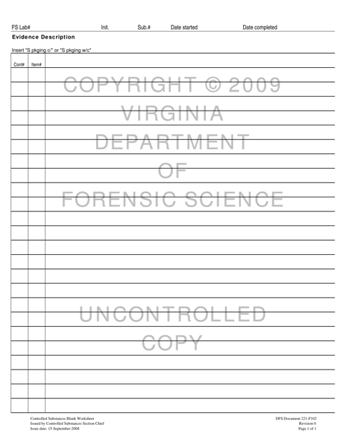 DFS Form 221-F102 Controlled Substances Blank Worksheet - Virginia