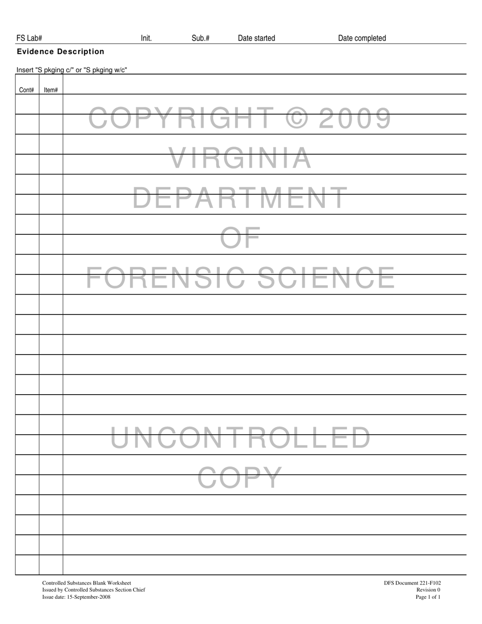 DFS Form 221-F102 Controlled Substances Blank Worksheet - Virginia, Page 1