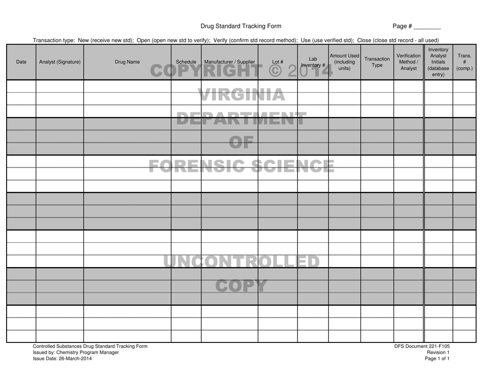 DFS Form 221-F105 Controlled Substances Drug Standard Tracking Form - Virginia, Page 1