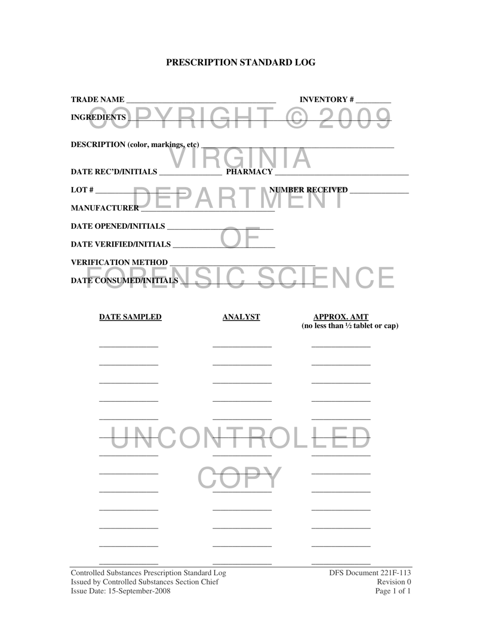 DFS Form 221-F113 Controlled Substances Prescription Standard Log - Virginia, Page 1
