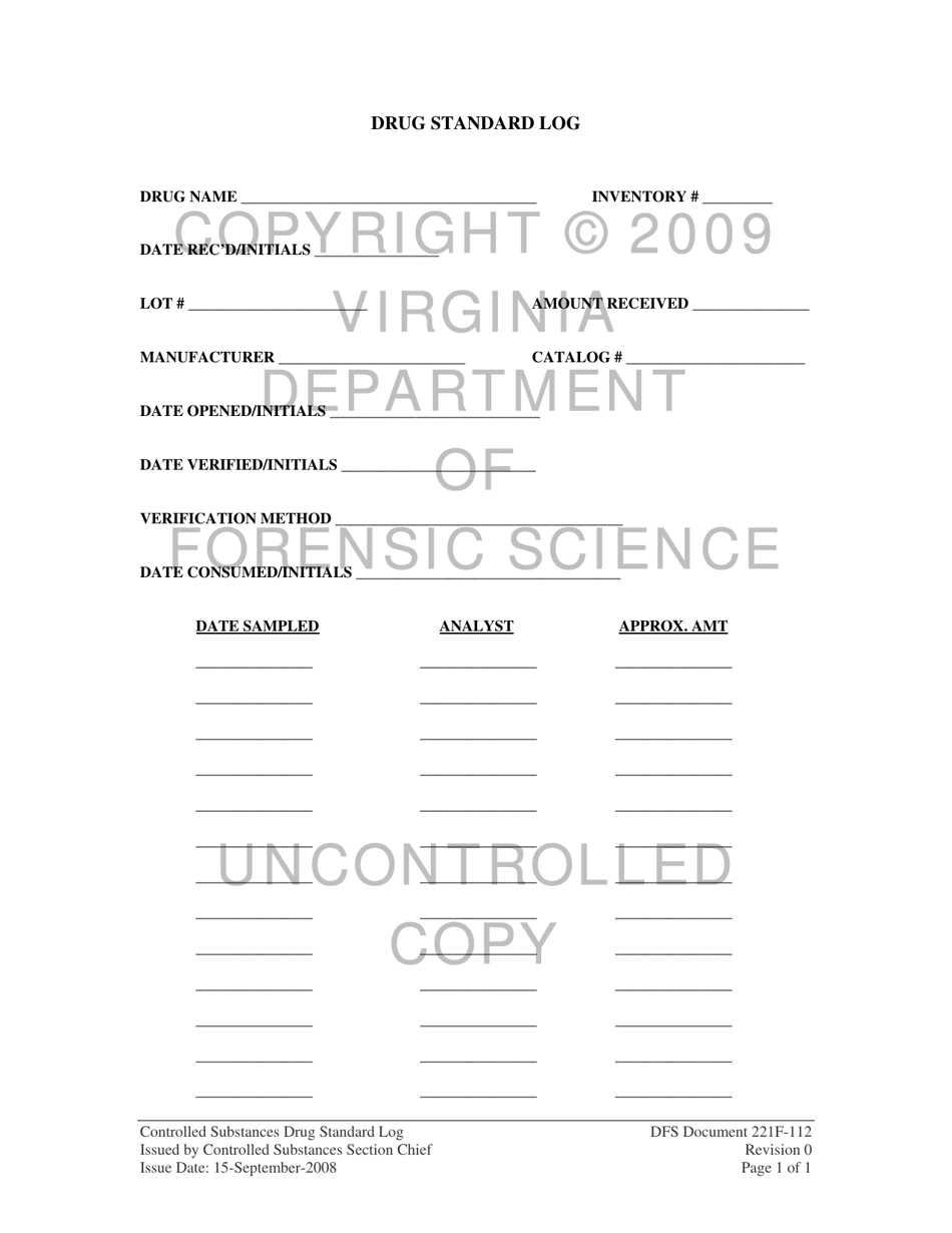 DFS Form 221F-112 Controlled Substances Drug Single Standard Log - Virginia, Page 1