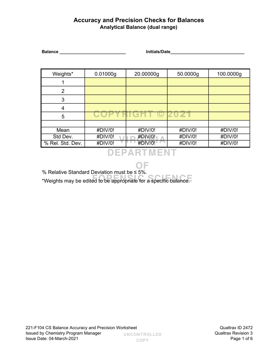 DFS Form 221-F104 CS Accuracy and Precision Checks for Balances - Virginia, Page 1