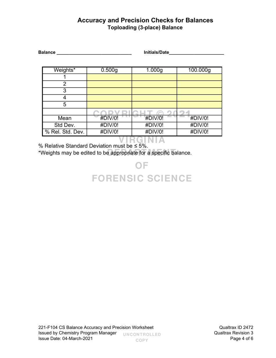 DFS Form 221-F104 CS Accuracy and Precision Checks for Balances - Virginia, Page 4
