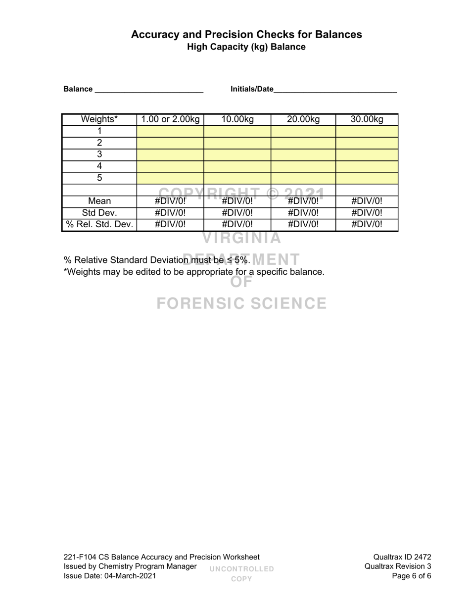 DFS Form 221-F104 CS Accuracy and Precision Checks for Balances - Virginia, Page 6