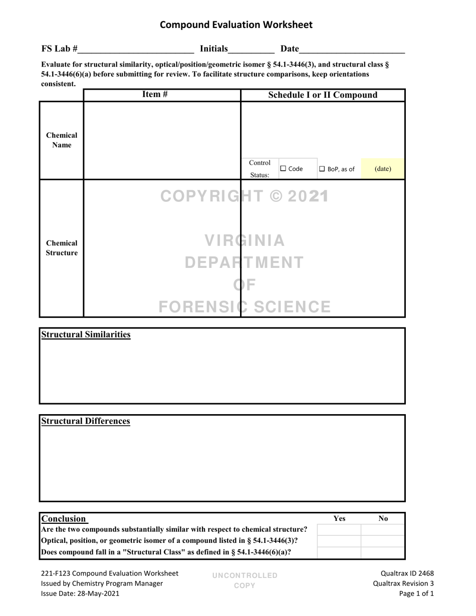 DFS Form 221-F123 Compound Evaluation Worksheet - Virginia, Page 1