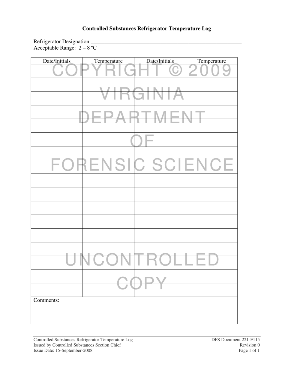 DFS Form 221-F115 Controlled Substances Refrigerator Temperature Log - Virginia, Page 1