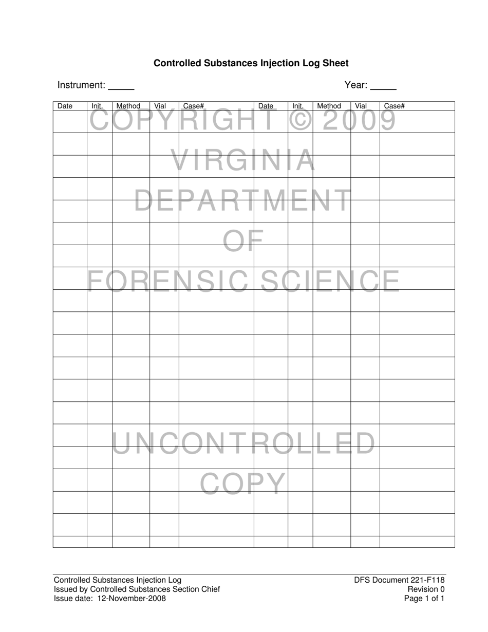 DFS Form 221-F118 Controlled Substances Injection Log Sheet - Virginia, Page 1