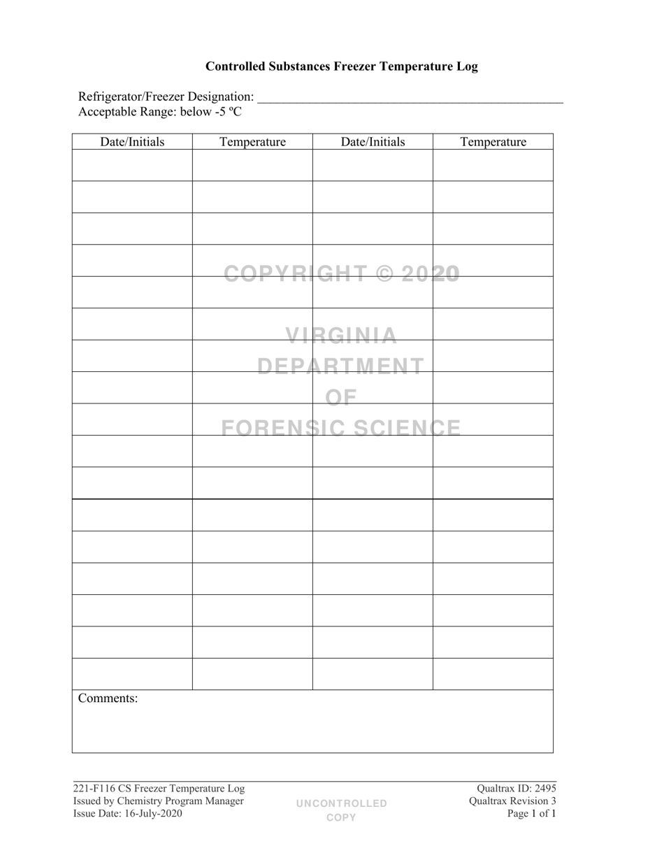 DFS Form 221-F116 Controlled Substances Freezer Temperature Log - Virginia, Page 1