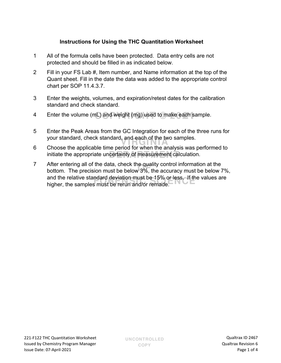 DFS Form 221-F122 Thc Quantitation Worksheet - Virginia, Page 1