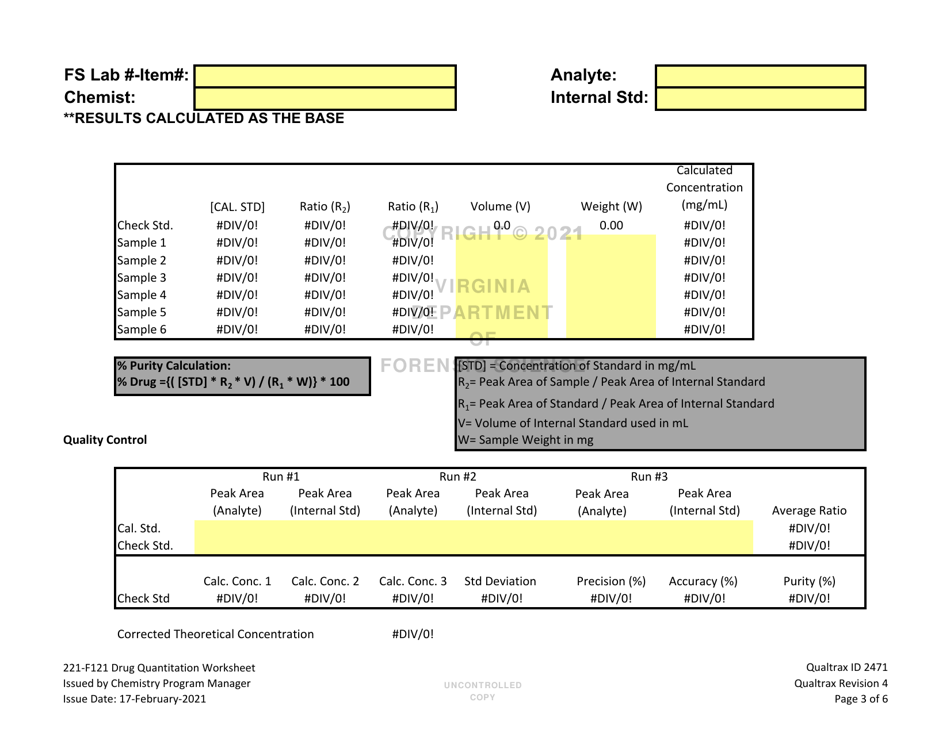 DFS Form 221-F121 Drug Quantitation Worksheet - Virginia, Page 3