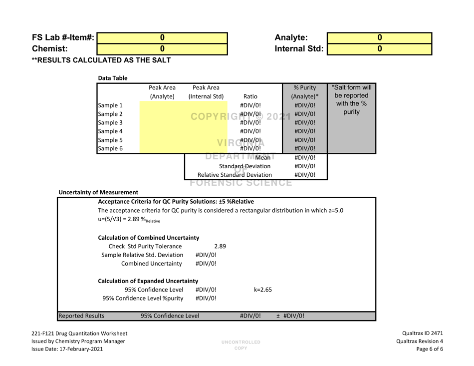 DFS Form 221-F121 Drug Quantitation Worksheet - Virginia, Page 6