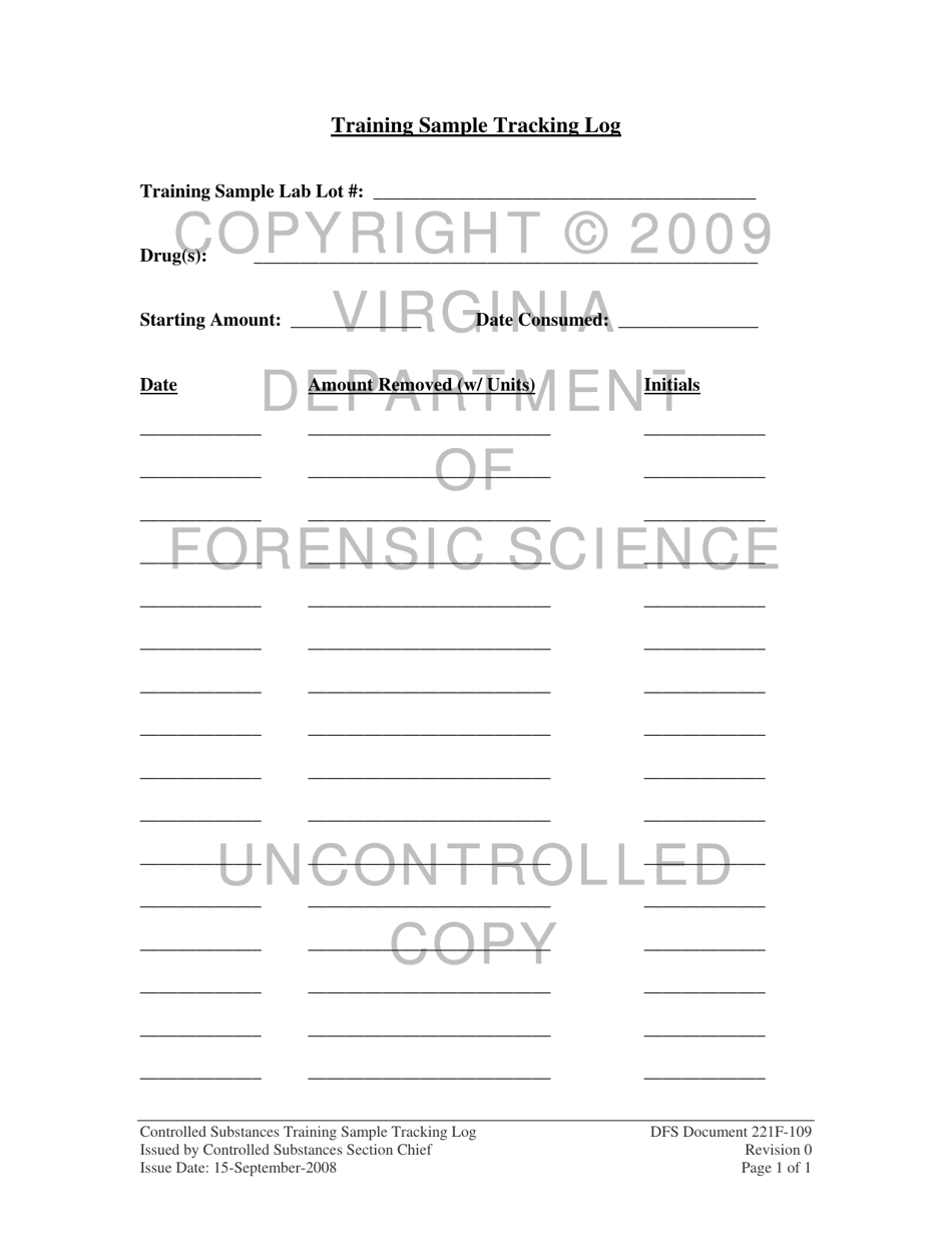 DFS Form 221-F109 Controlled Substances Training Sample Tracking Log - Virginia, Page 1