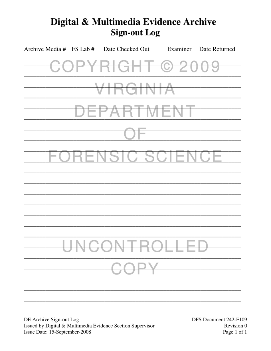 DFS Form 242-F109 Digital  Multimedia Evidence Archive Sign-Out Log - Virginia, Page 1
