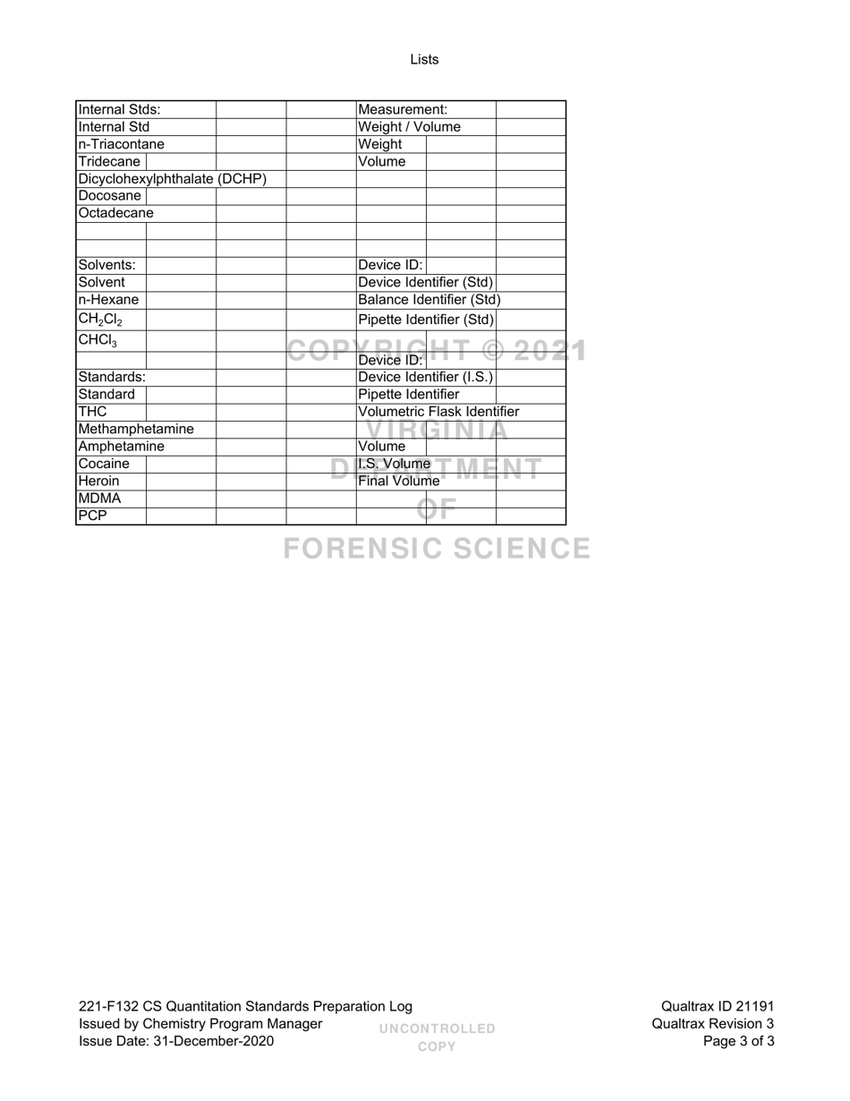 DFS Form 221-F132 Gc Quantitation Standards Preparation Log - Virginia, Page 3