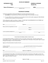 Document preview: Form 200-00363 Waiver of Counsel - Vermont