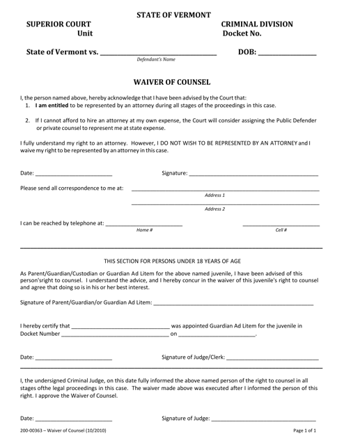 Form 200-00363 Waiver of Counsel - Vermont