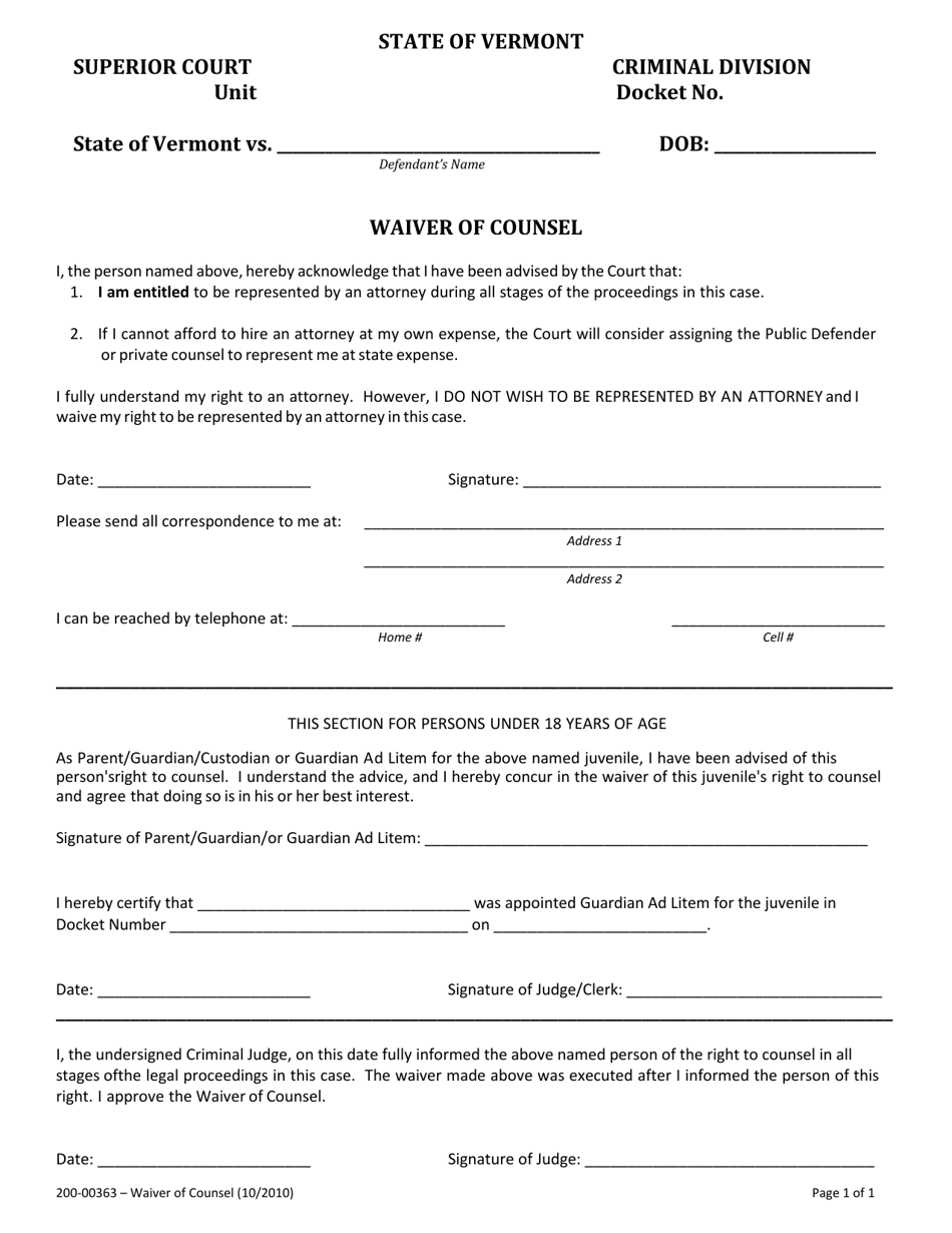 Form 200-00363 Waiver of Counsel - Vermont, Page 1