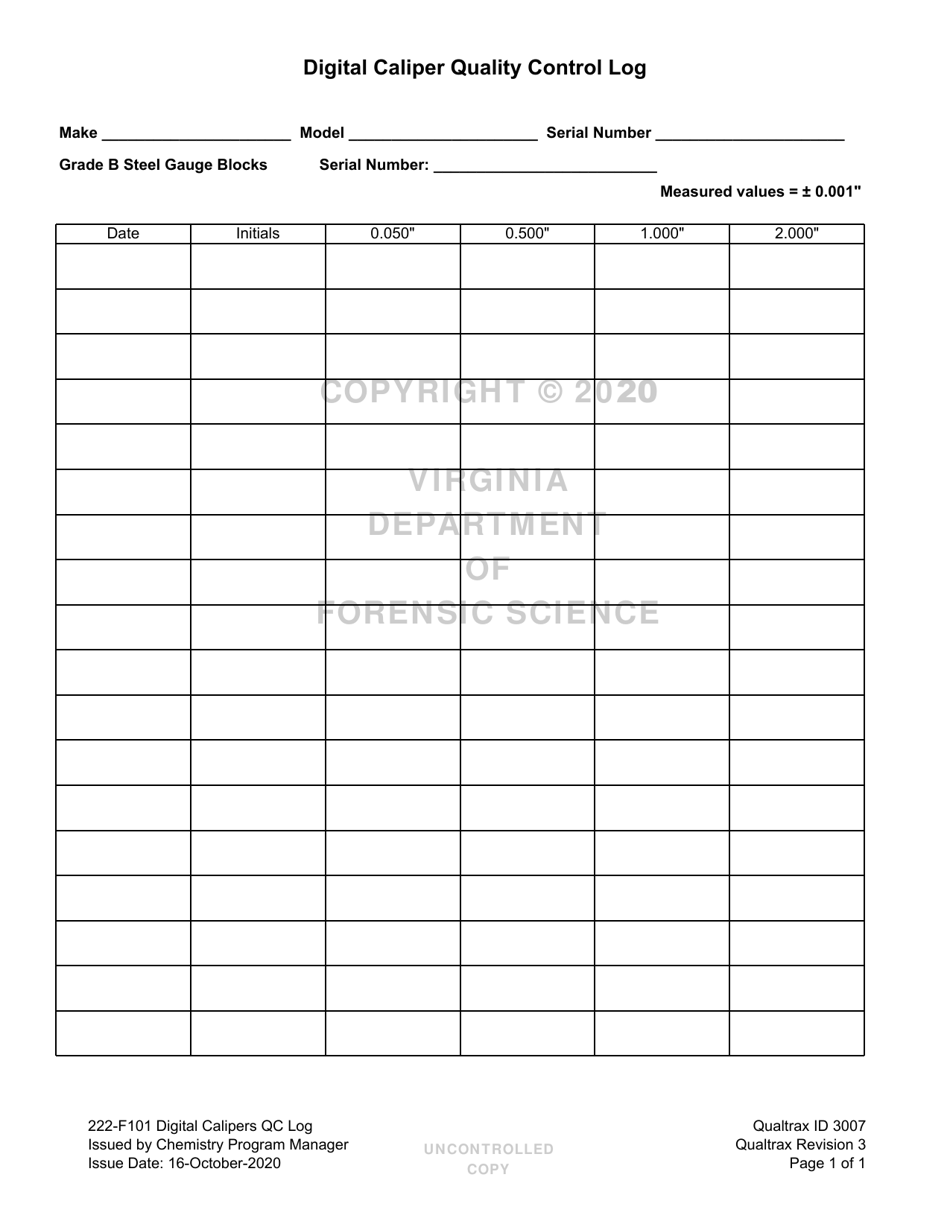 DFS Form 222-F101 Digital Caliper Quality Control Log - Virginia, Page 1