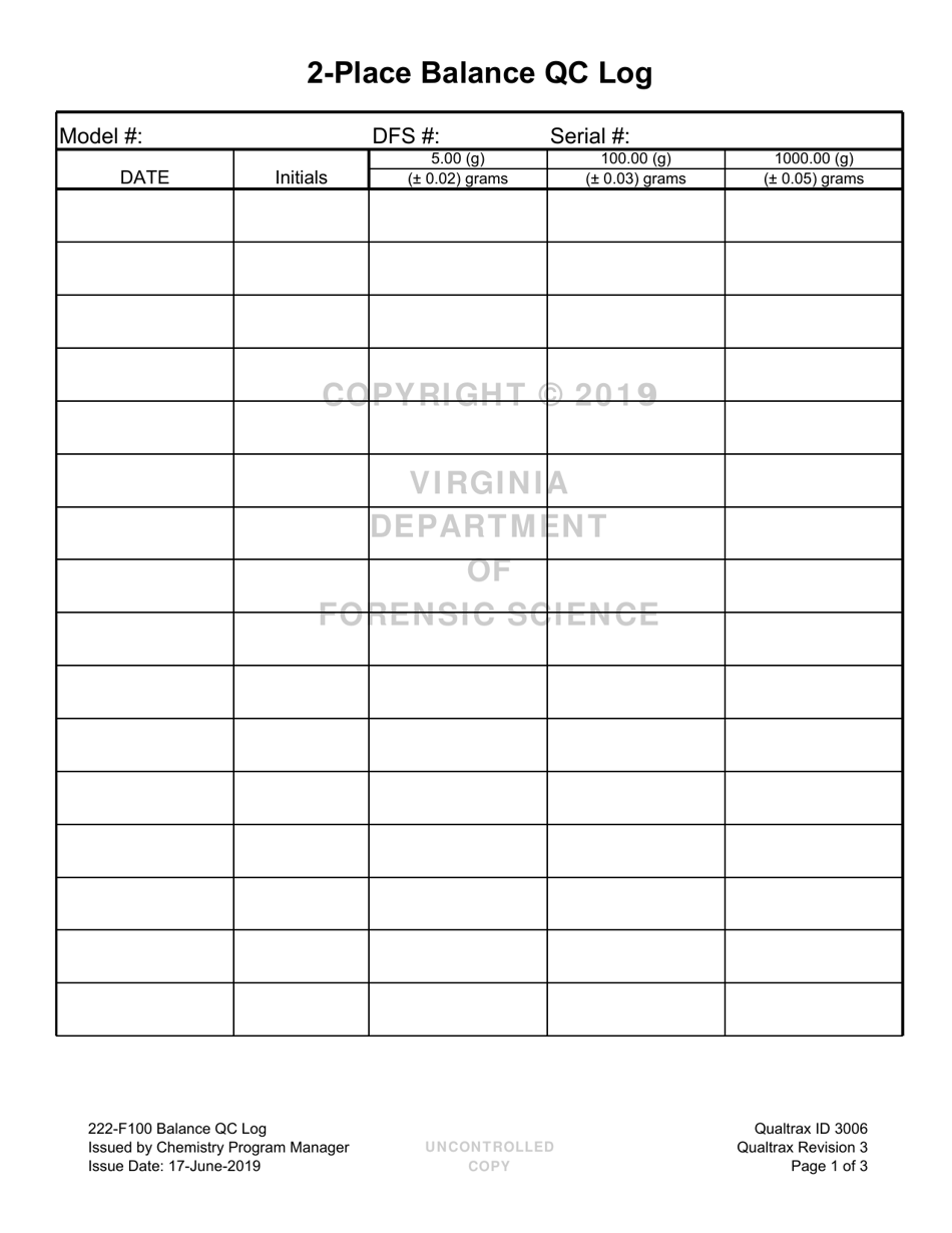 DFS Form 222-F100 Balance Qc Log - Virginia, Page 1
