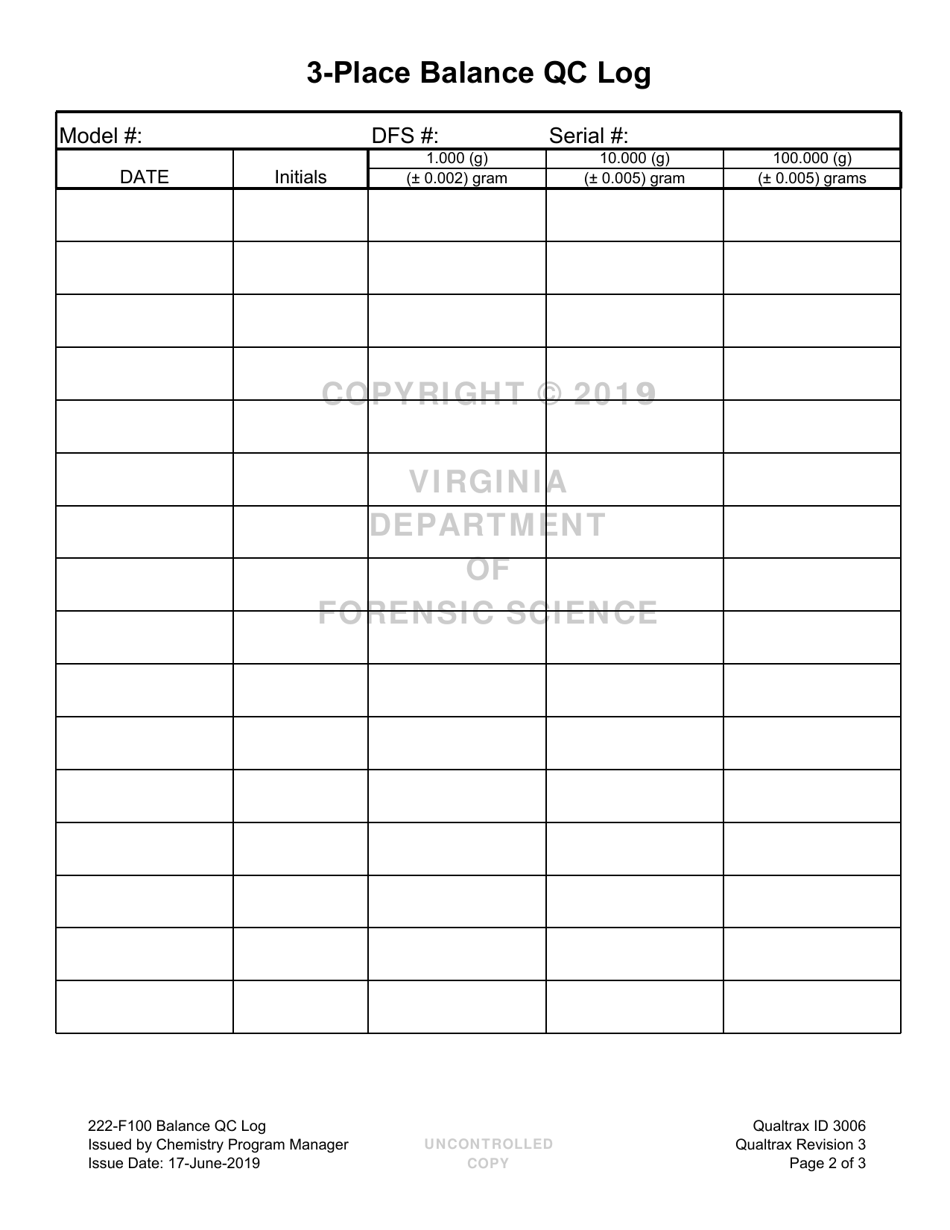 DFS Form 222-F100 Balance Qc Log - Virginia, Page 2