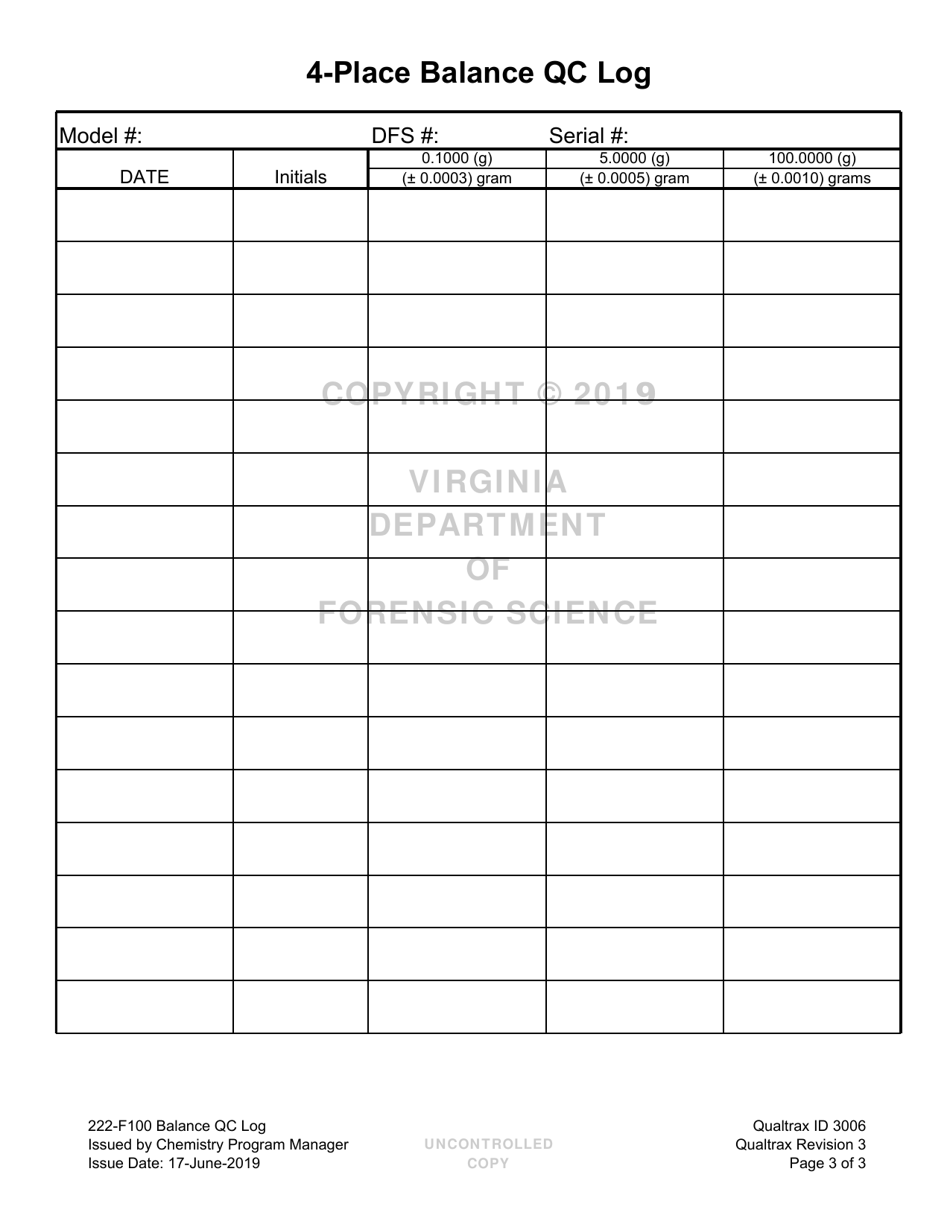 DFS Form 222-F100 Balance Qc Log - Virginia, Page 3