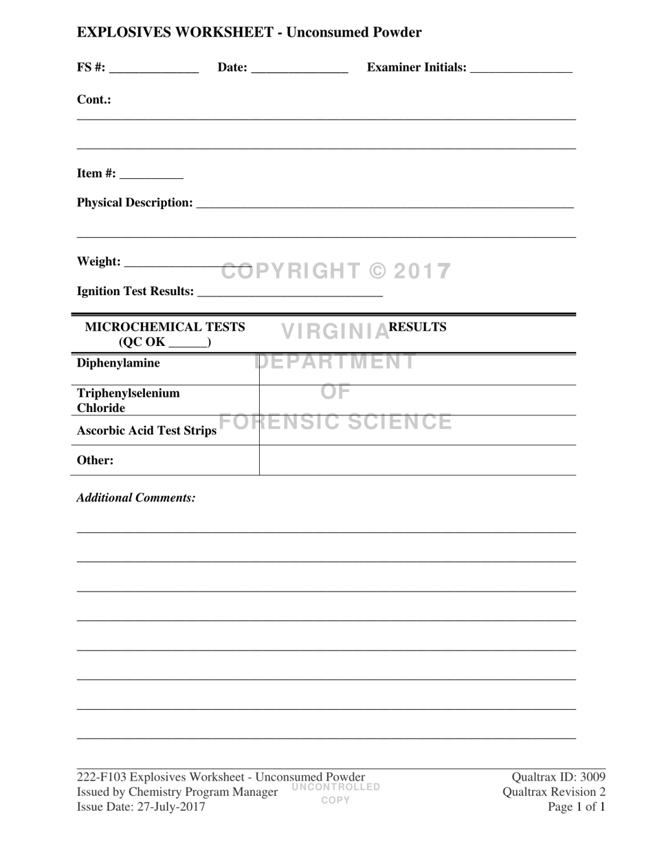 DFS Form 222-F103 Explosives Worksheet - Unconsumed Powder - Virginia, Page 1