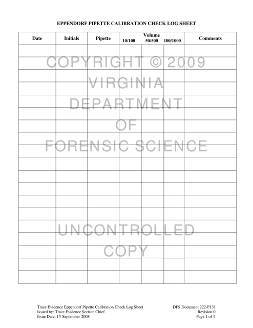 DFS Form 222-F131 Eppendorf Pipette Calibration Check Log Sheet - Virginia