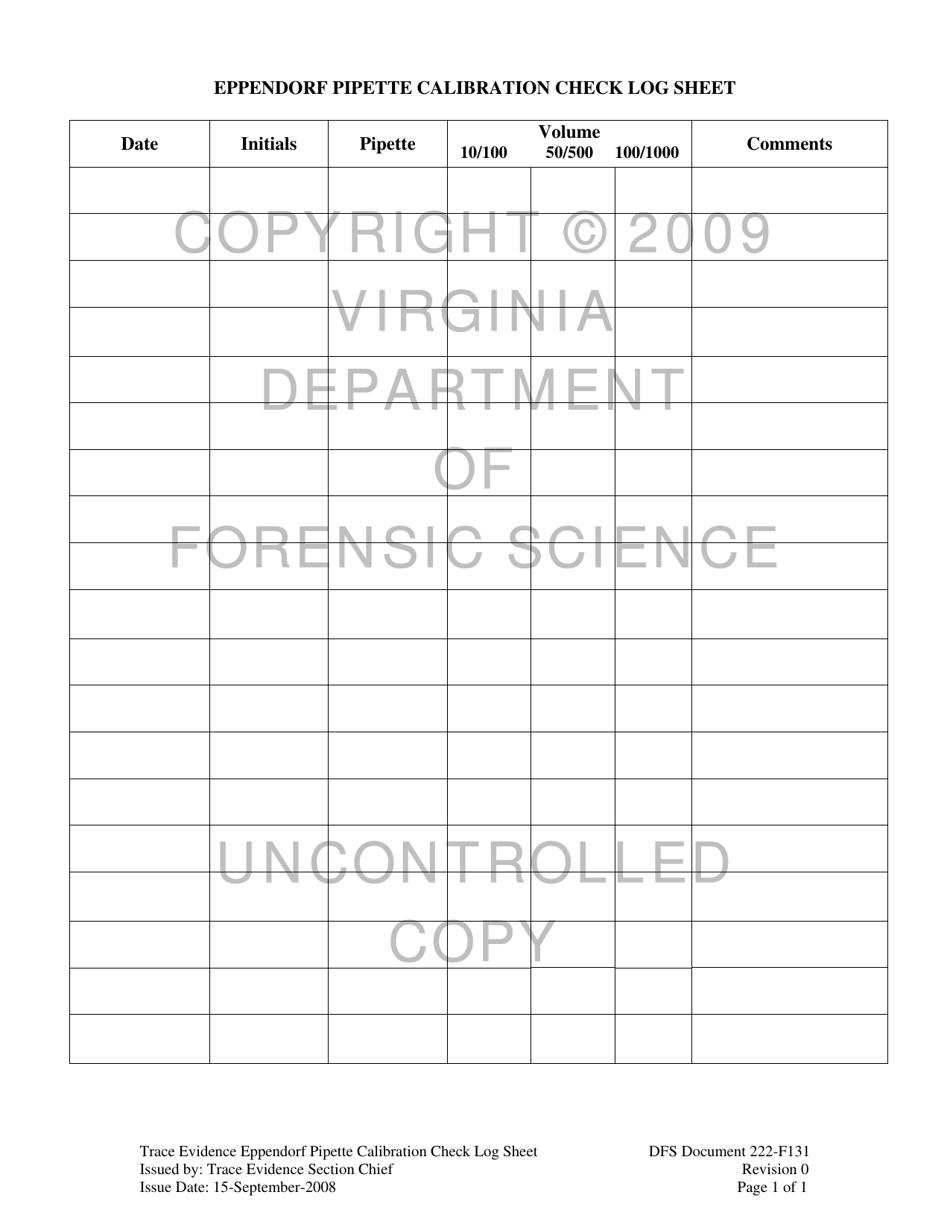 DFS Form 222-F131 Eppendorf Pipette Calibration Check Log Sheet - Virginia, Page 1