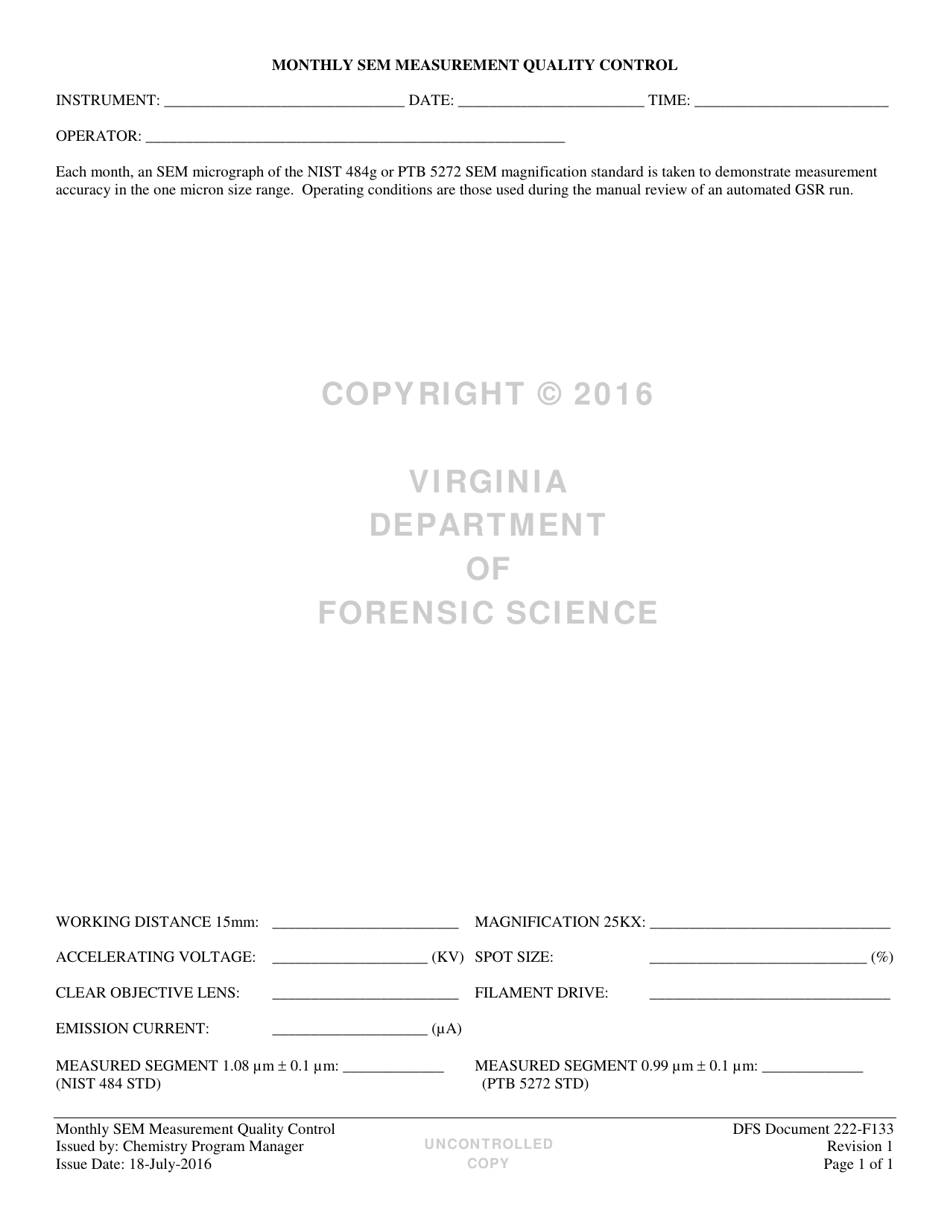 DFS Form 222-F133 Monthly Sem Measurement Quality Control - Virginia, Page 1