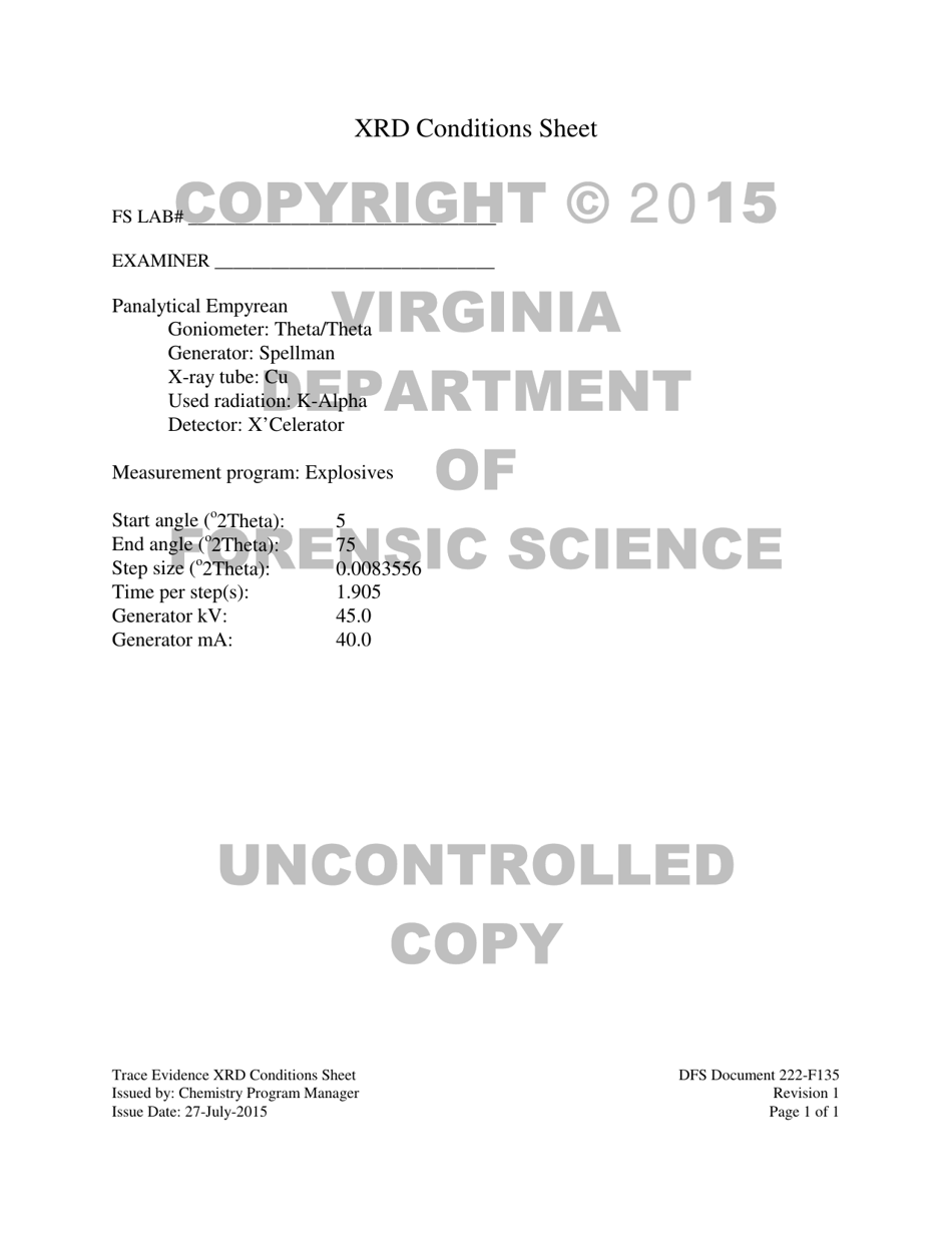 DFS Form 222-F135 Trace Evidence Xrd Conditions Sheet - Virginia, Page 1