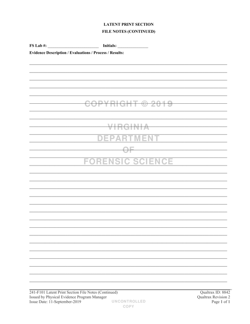 DFS Form 241-F101 Latent Print Section File Notes (Continued) - Virginia