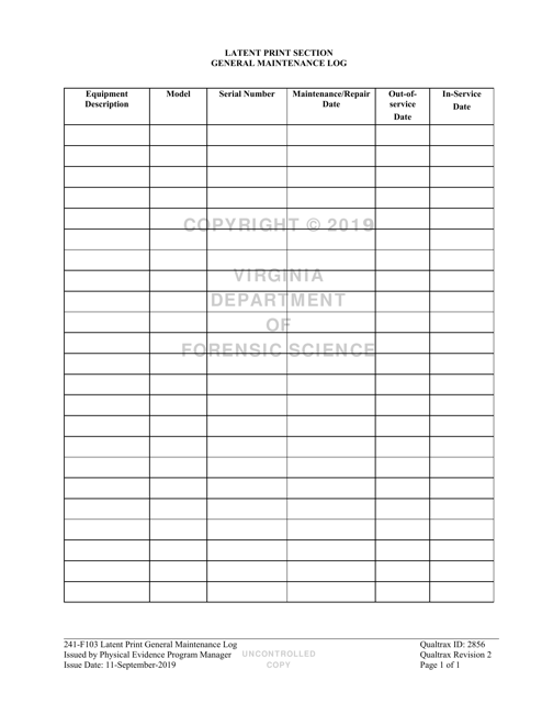 DFS Form 241-F103 Latent Print Section General Maintenance Log - Virginia