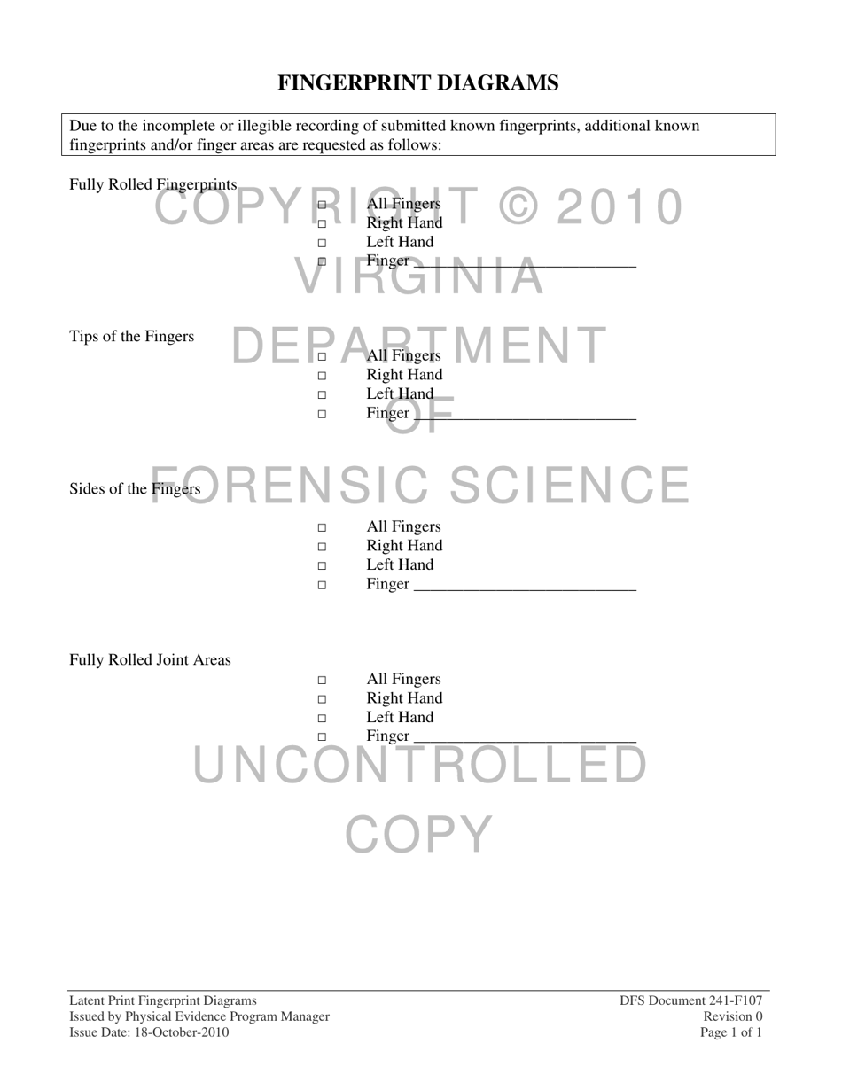 DFS Form 241-F107 Latent Print Fingerprint Diagrams - Virginia, Page 1