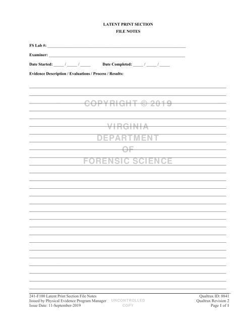 DFS Form 241-F100 Latent Print Section File Notes - Virginia