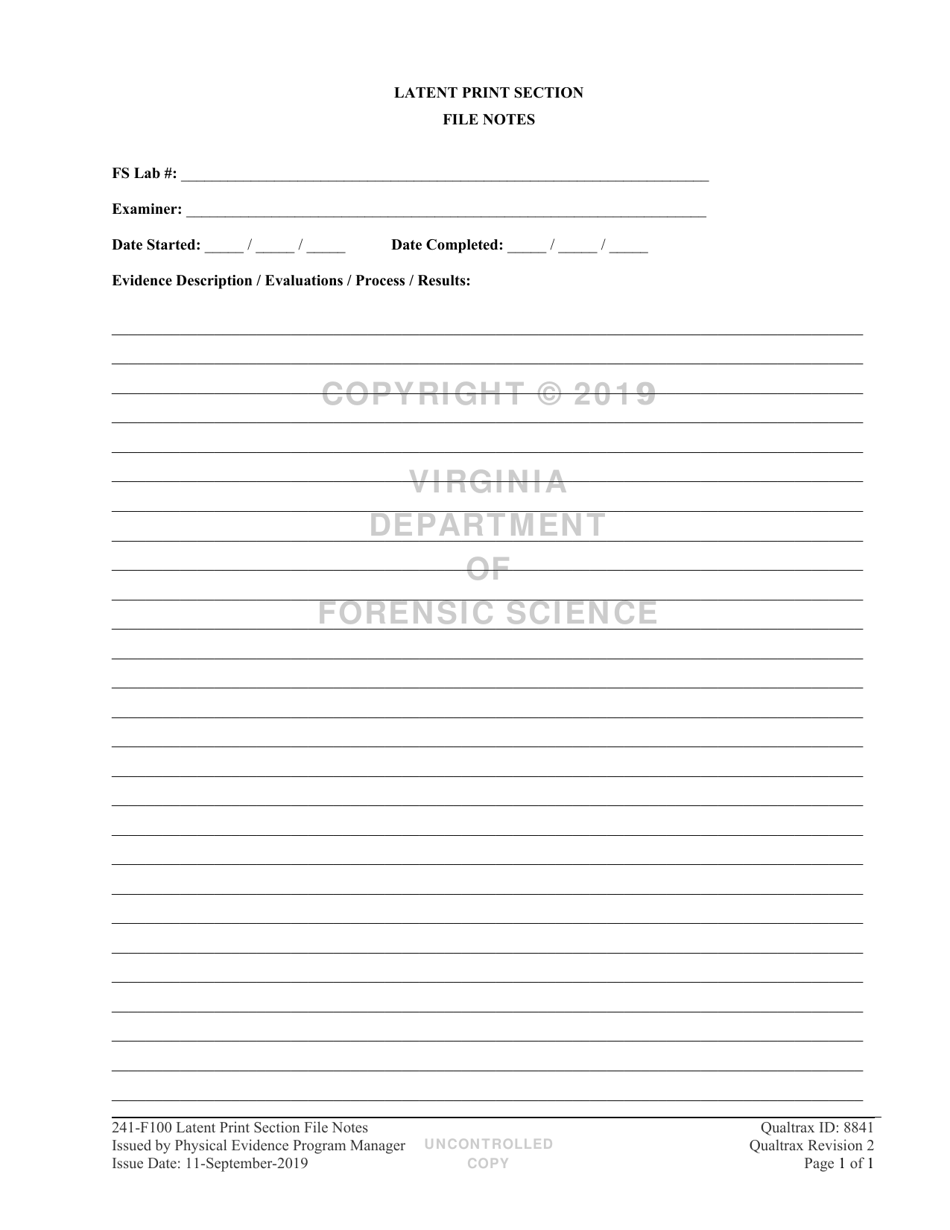 DFS Form 241-F100 Latent Print Section File Notes - Virginia, Page 1