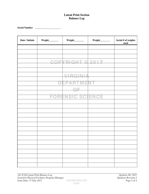 DFS Form 241-F104 Latent Print Section Balance Log - Virginia
