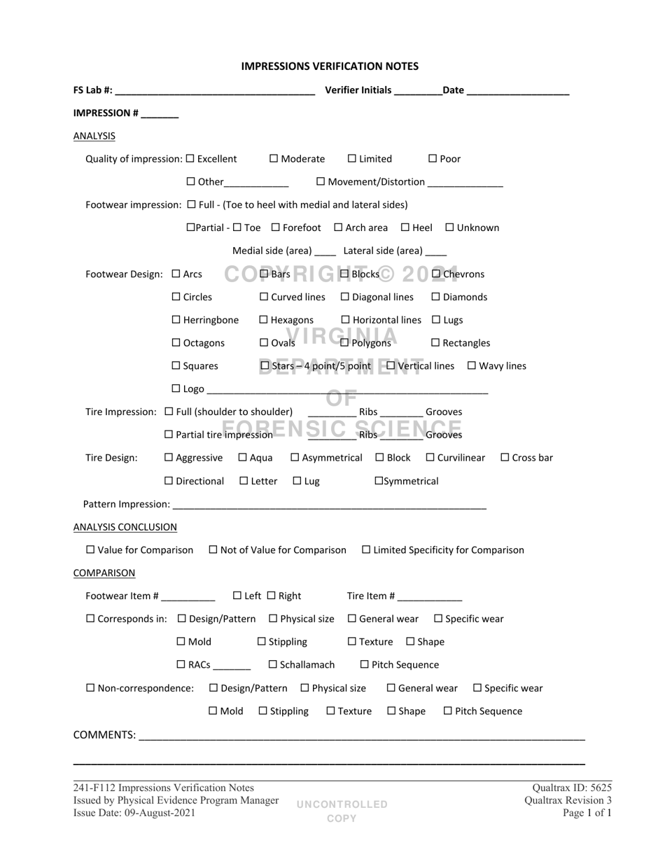 DFS Form 241-F112 Impressions Verification Notes - Virginia, Page 1