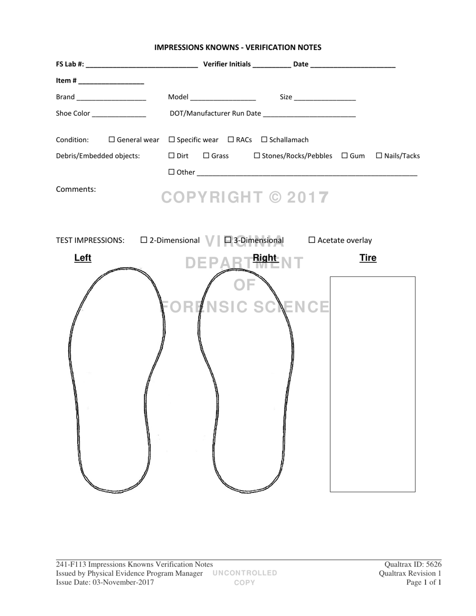 DFS Form 241-F113 Impressions Knowns - Verification Notes - Virginia, Page 1