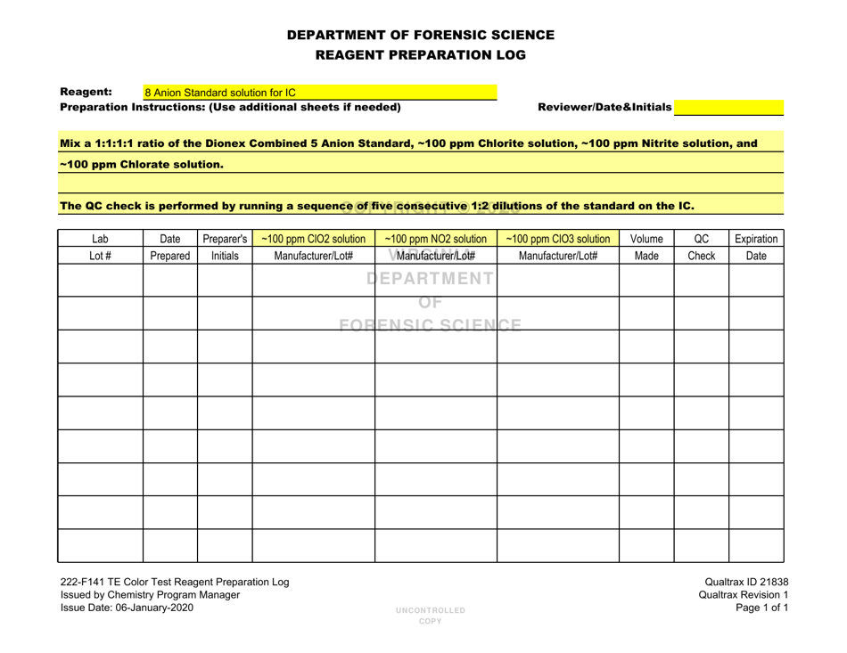 DFS Form 222-F141 Te Color Test Reagent Preparation Log - Virginia, Page 10