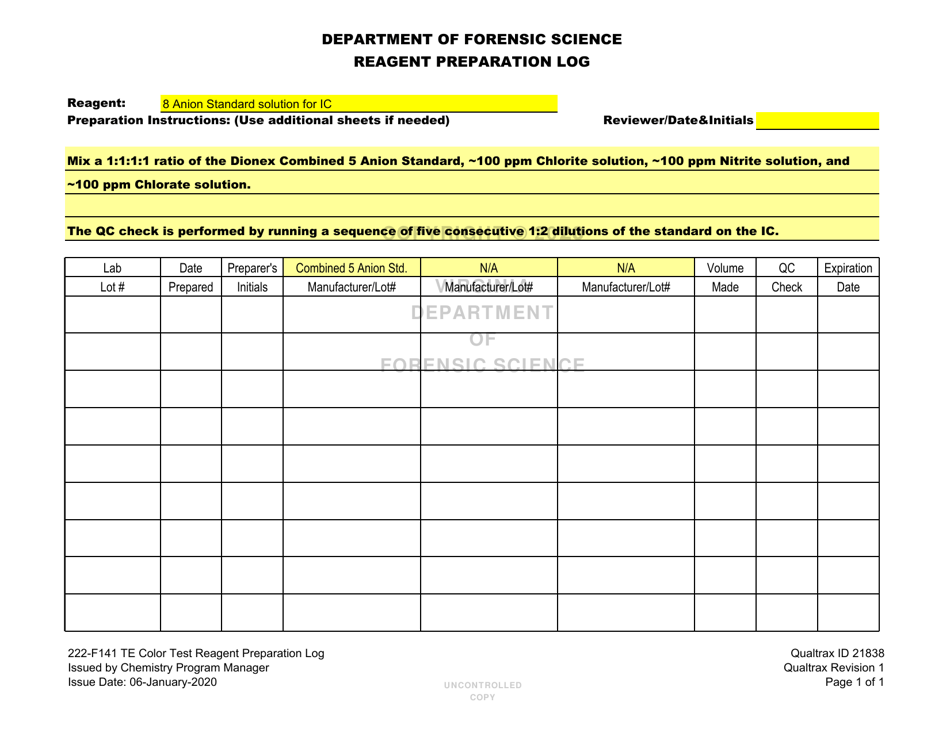 DFS Form 222-F141 Te Color Test Reagent Preparation Log - Virginia, Page 11