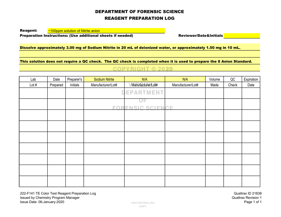 DFS Form 222-F141 Te Color Test Reagent Preparation Log - Virginia, Page 14