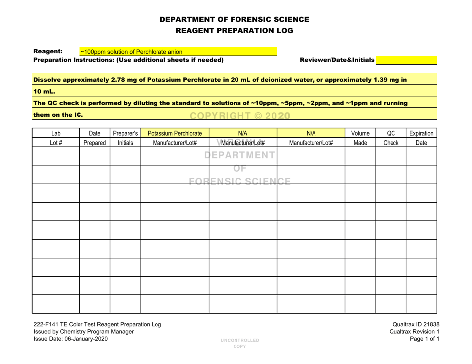 DFS Form 222-F141 Te Color Test Reagent Preparation Log - Virginia, Page 15