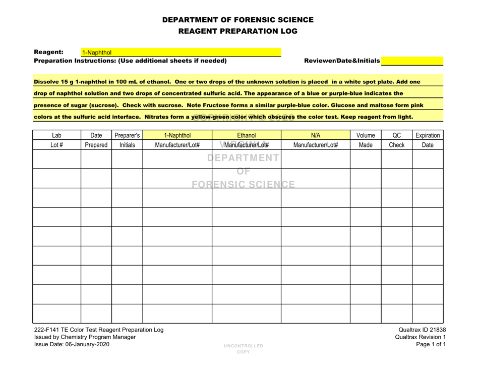 DFS Form 222-F141 Te Color Test Reagent Preparation Log - Virginia, Page 17