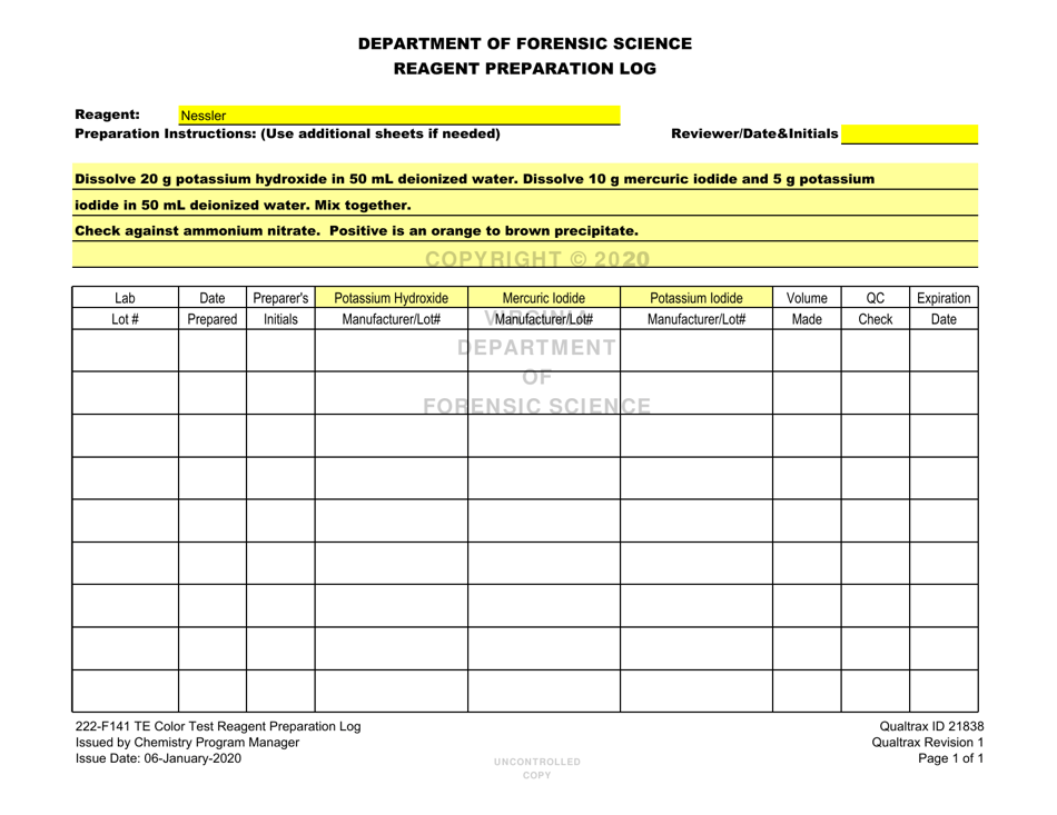DFS Form 222-F141 Te Color Test Reagent Preparation Log - Virginia, Page 18