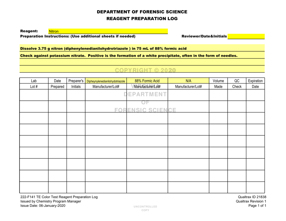 DFS Form 222-F141 Te Color Test Reagent Preparation Log - Virginia, Page 19